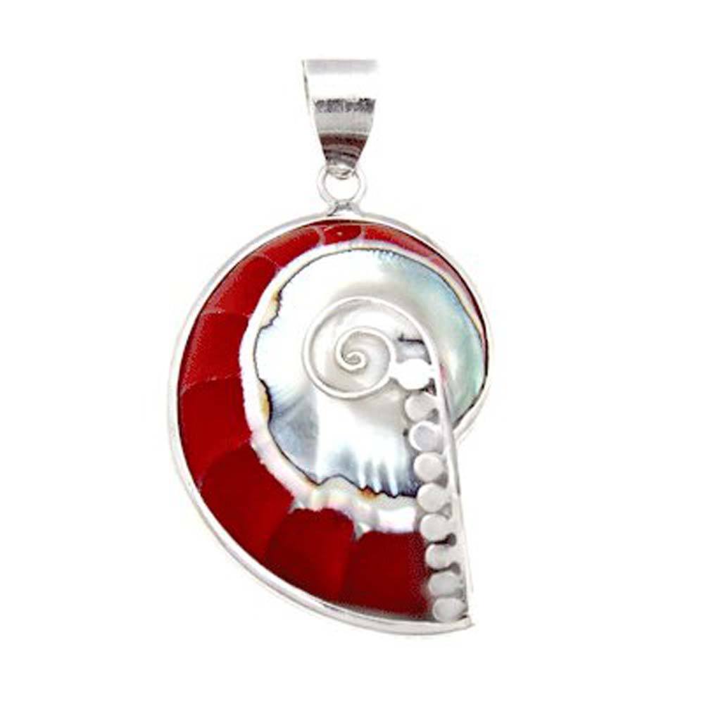 Sterling Silver Mother of Pearl Red Snail and Enamel Pendant with Pendant Dimension of 24MMx43.18MM