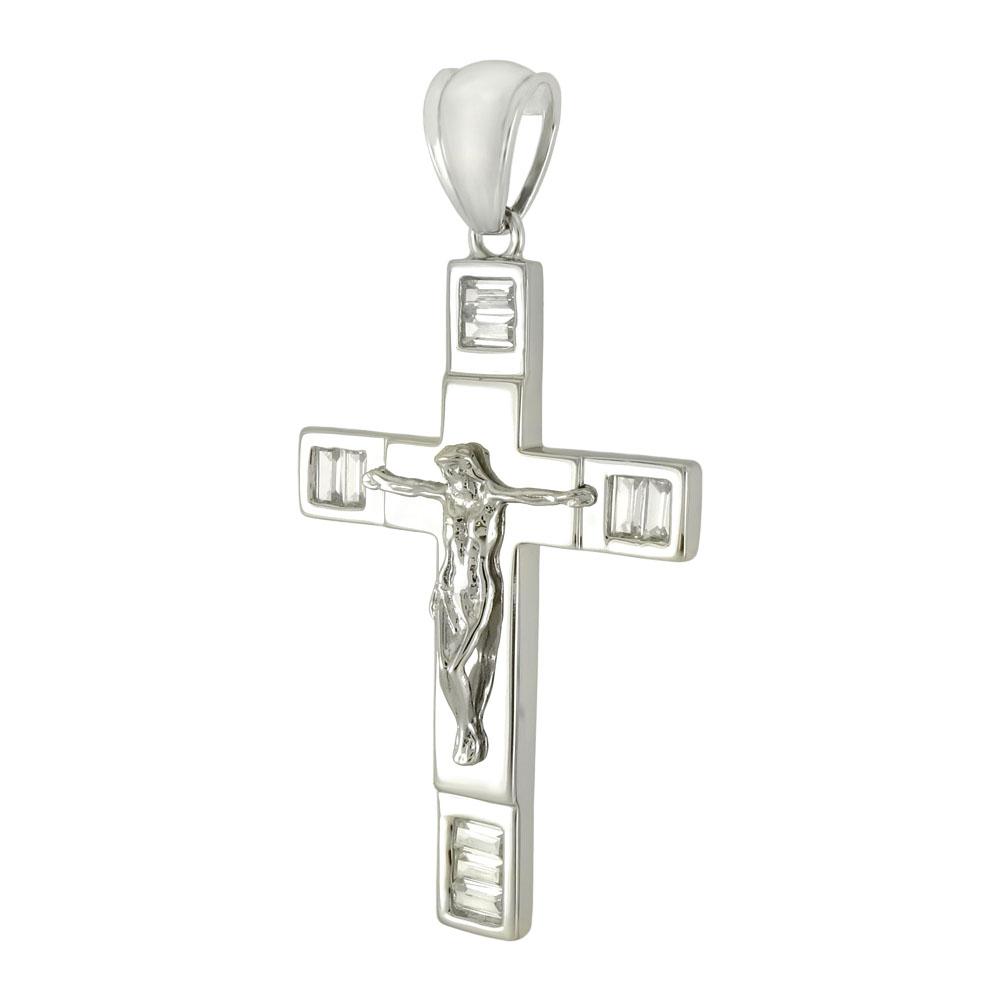 Sterling Silver Polished Rhodium Crucifix With Baguette CZ Cross Pendant