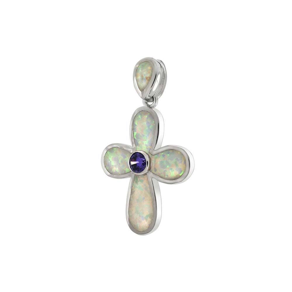 Sterling Silver White Opal Cross Shaped Pendant With Amethyst CZAnd Length 1 ��� inchAnd Width 20.3 mm