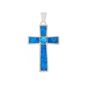 Sterling Silver Lab Opal-Blue Zircon Cross Pendant
