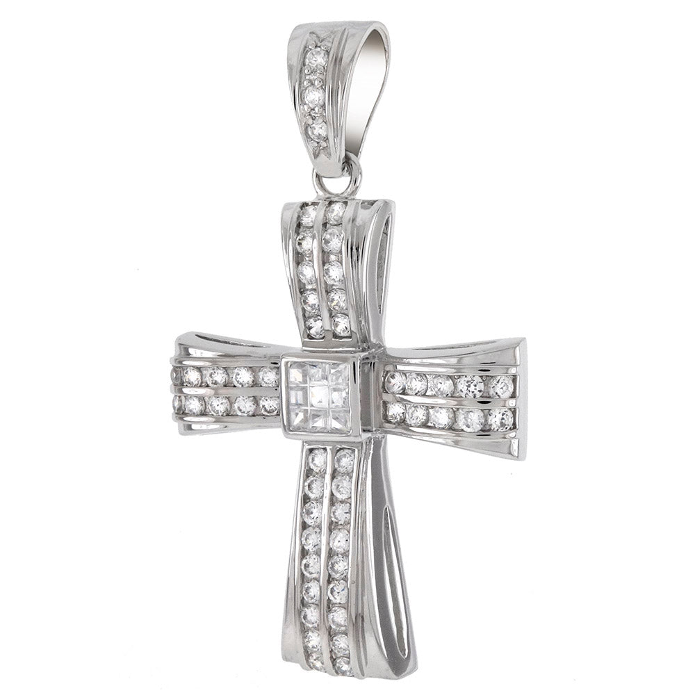 Sterling Silver Center Invisible Square With Round CZ Hip Hop Cross Pendant Weight-27.1gram, Width-44mm, Height-3inch