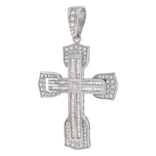 Load image into Gallery viewer, Sterling Silver Baguette And Round CZ Hip Hop Cross Pendant Weight-30.7gram, Width-47mm, Length-3 1/8inch