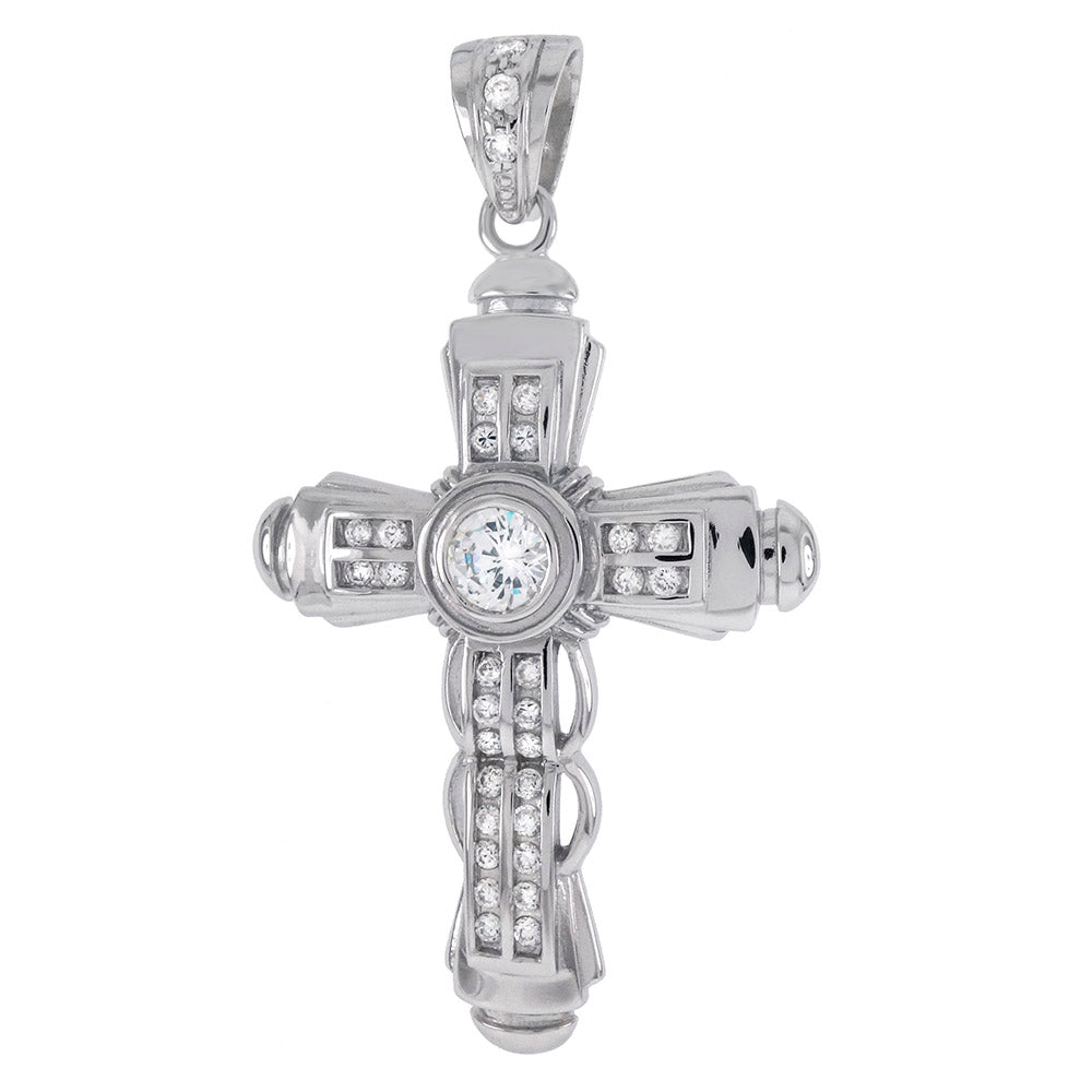 Sterling Silver Round CZ Hip Hop Cross Pendant Weight-25.5gram, Width-43mm, Height-3inch