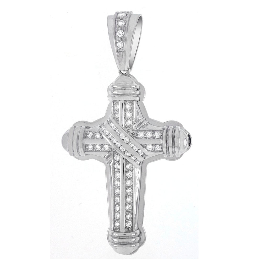 Sterling Silver Round CZ Hip Hop Cross Pendant Weight-33.5gram, Width-41mm, Length-2 7/8inch