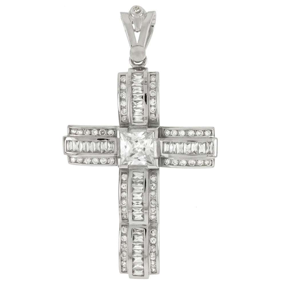 Sterling Silver Princess Cut Baguette And Round CZ Hip Hop Cross Pendant Weight-35gram, Width-48mm, Length-3 1/4inch