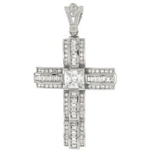 Load image into Gallery viewer, Sterling Silver Princess Cut Baguette And Round CZ Hip Hop Cross Pendant Weight-35gram, Width-48mm, Length-3 1/4inch