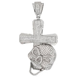 Sterling Silver Cross And Skull Pave CZ Hip Hop Cross Pendant Weight-45.5gram, Length-3 1/2inch, Width-46.5mm