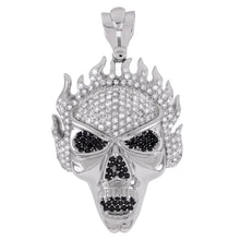 Load image into Gallery viewer, Sterling Silver Black And Clear Iced Out CZ Skull With Flame Hip Hop Pendant Weight-55.5gram, Length-3inch, Width-46mm