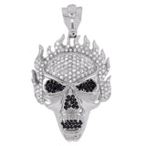Sterling Silver Black And Clear Iced Out CZ Skull With Flame Hip Hop Pendant Weight-55.5gram, Length-3inch, Width-46mm