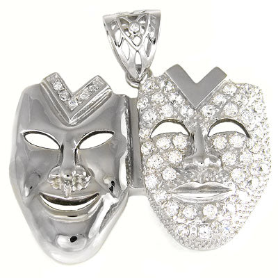 Sterling Silver Comedy And Tragedy CZ Hip Hop Pendant Weight-43.6gram, Length-2 1/4inch, Width-56mm