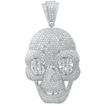 Sterling Silver Micro Pave Round CZ Dollard Skull Hip Hop Pendant Weight-46.6gram, Length-3 1/8inch, Width-41mm