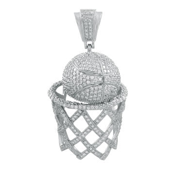 Sterling Silver Micro Pave Round CZ Basket Ball Hip Hop Pendant Weight-34.7gram, Length-2 7/8inch, Width-38mm