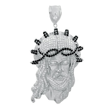 Sterling Silver Jesus Christ Face Head Black And White Pave CZ Hip Hop Pendant Weight-49.7gram, Length-3 1/4inch, Width-45mm