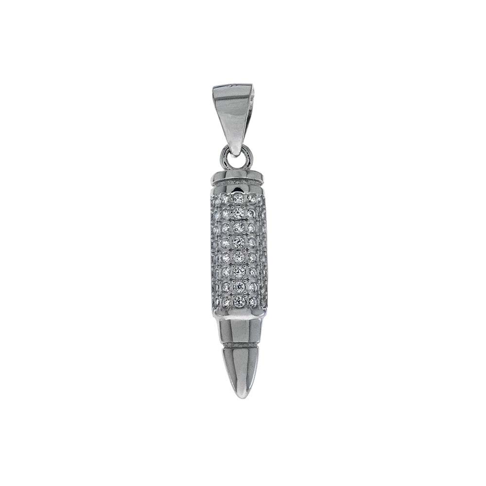 Sterling Silver Pave Set Clear Cz Bullet Pendant with Pendant Dimension of 5MMx28.58MM