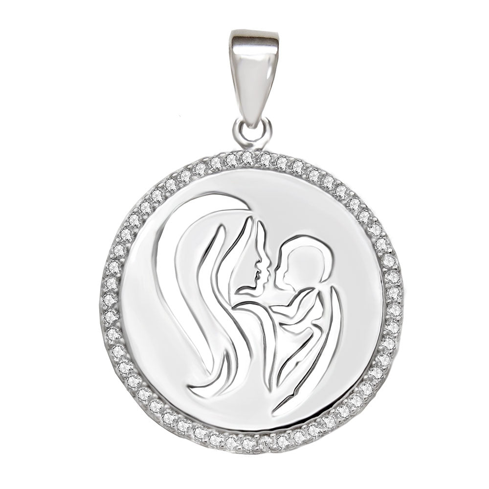 Sterling Silver Rhodium Plated Mother And Child Clear CZ Pendant