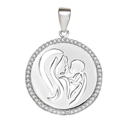 Sterling Silver Rhodium Plated Mother And Child Clear CZ Pendant