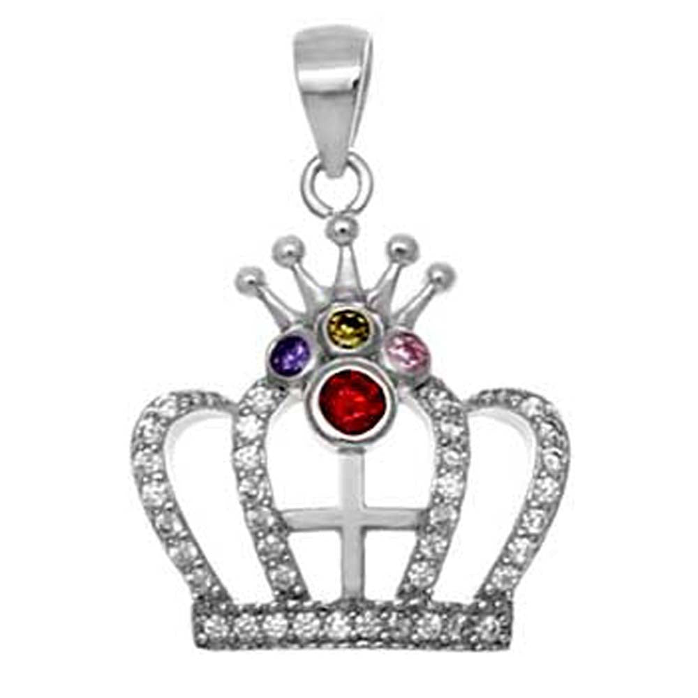 Sterling Silver Pave Clear and Multicolored Cz Royal Crown Pendant with Pendant Dimension of 17MMx23.81MM