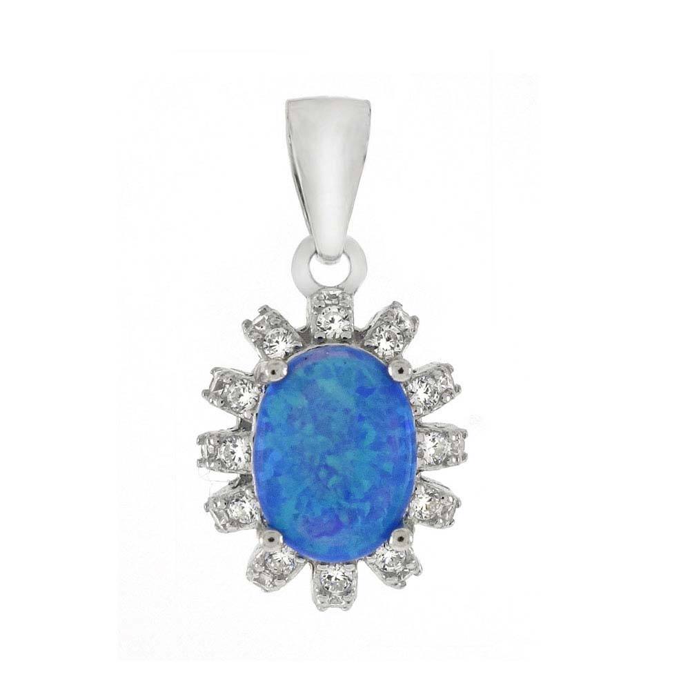 Sterling Silver Oval Simulated Blue Opal CZ Pendant