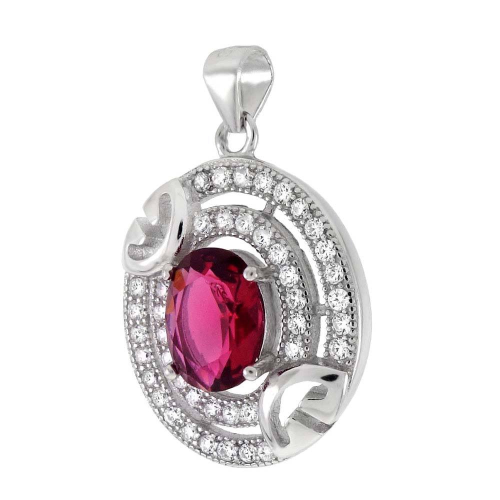 Sterling Silver Oval Red Cubic Zirconia Halo PendantAnd Length 1 inchesAnd Width 16mm
