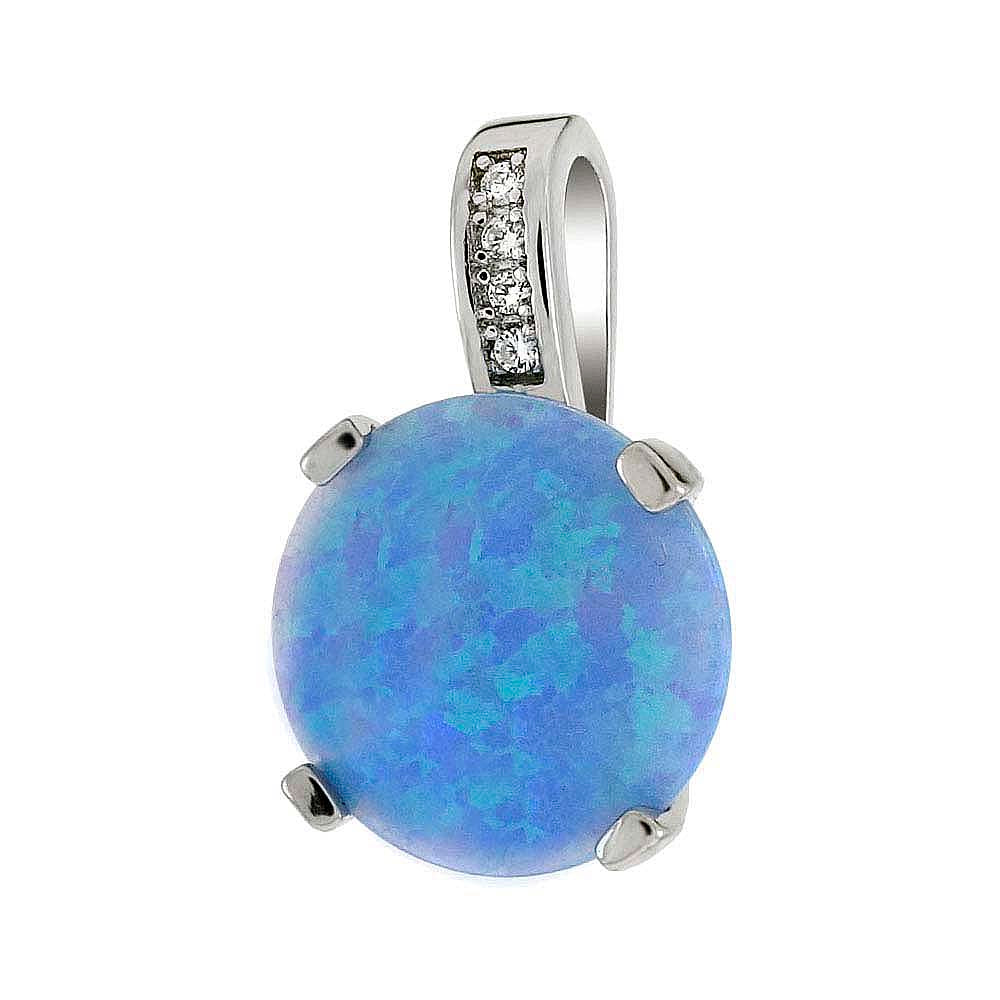 Sterling Silver Simulated Blue Opal Round Pendant With Clear CZ