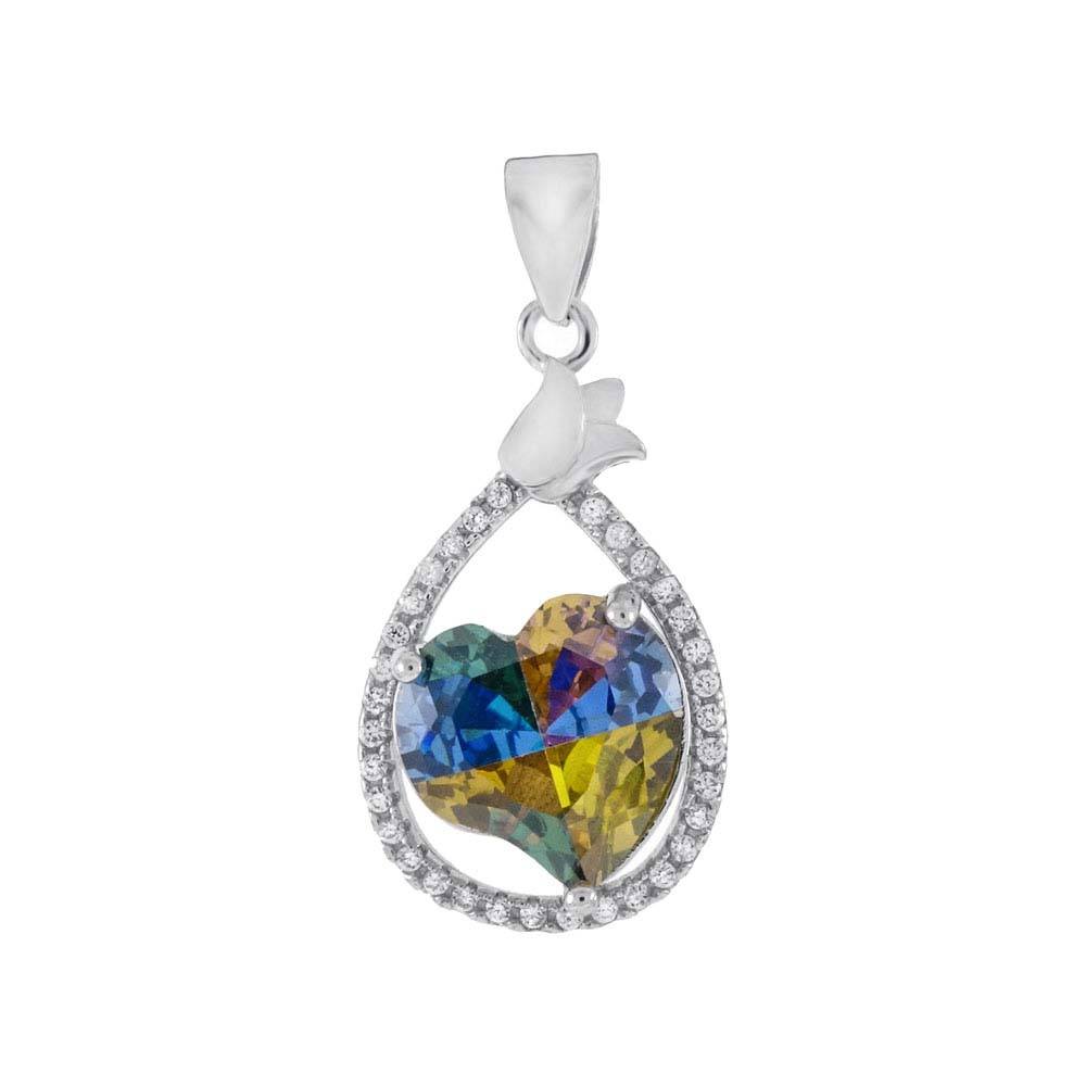 Sterling Silver Colorful CZ Heart Centered PendantAnd Length of 1 1/8