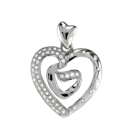 Sterling Silver Double CZ Heart Rhodium Pendant And Width 11/16 inch