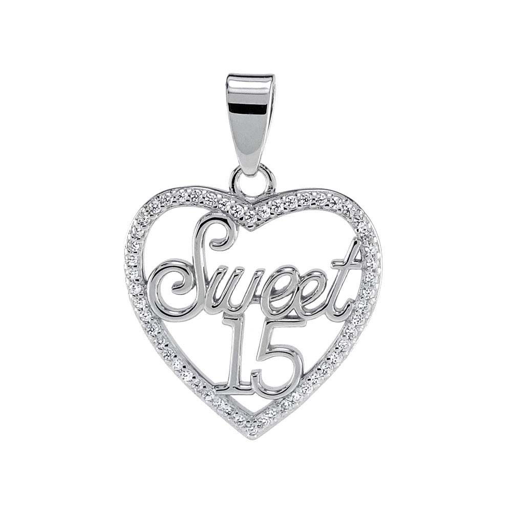 Sterling Silver SWEET 15 CZ Heart Pendant And Width 7/8 inch