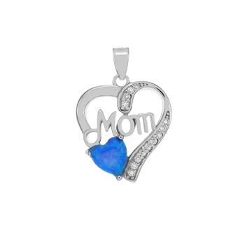 Sterling Silver Lab-Created Blue Opal Heart MOM CZ Pendant