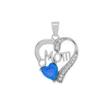 Sterling Silver Lab-Created Blue Opal Heart MOM CZ Pendant