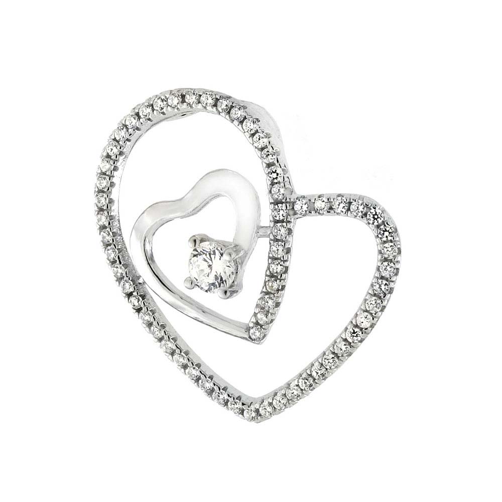 Sterling Silver Micro Pave CZ Floating Heart Pendant And Width 7/8 inch