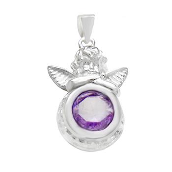 Sterling Silver 10mm Round Amethyst CZ Angel Pendant