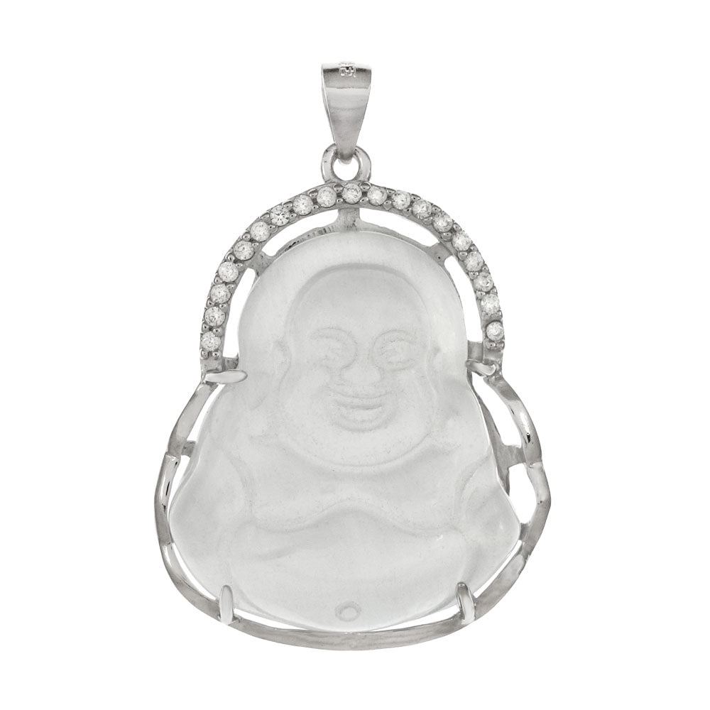 Sterling Silver Happy Buddha Cat Eye With CZ Rhodium Pendant