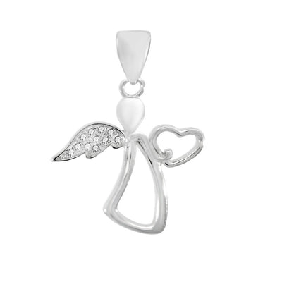 Sterling Silver Rhodium Angel CZ Pendant Width-19.7mm, Height-1inch
