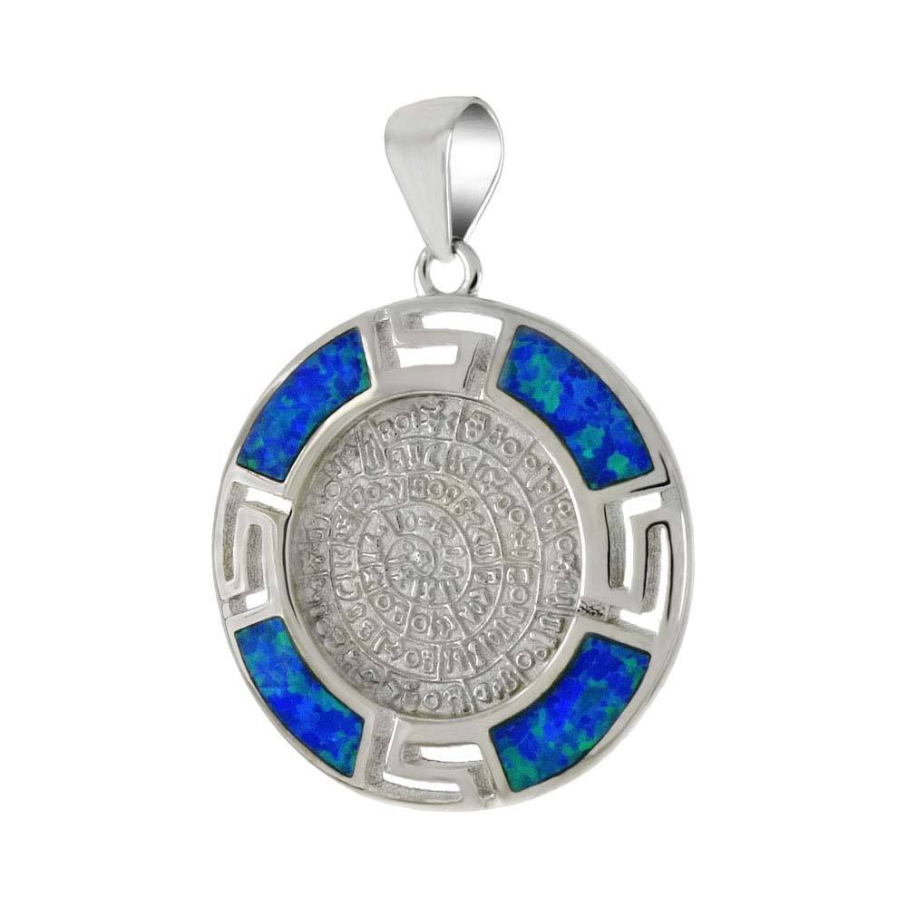 Sterling Silver Simulated Blue Opal Aztec Calendar Pendant