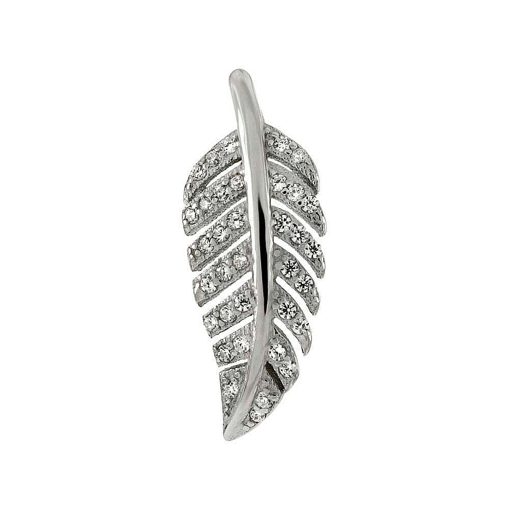 Sterling Silver Feather Shaped Pendant With Pave CZ