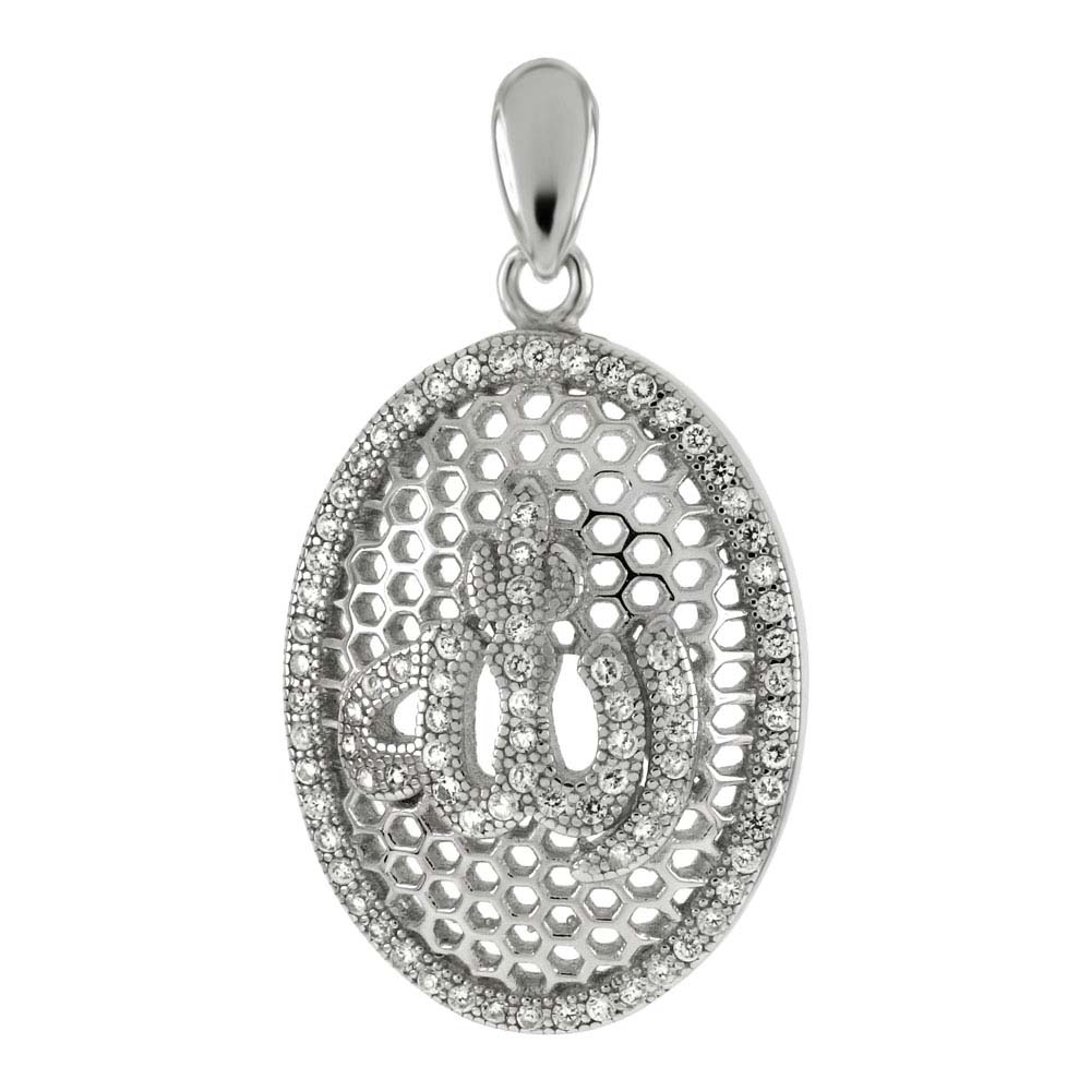 Sterling Silver Allah Cubic Zirconia Perforated Oval Pendant