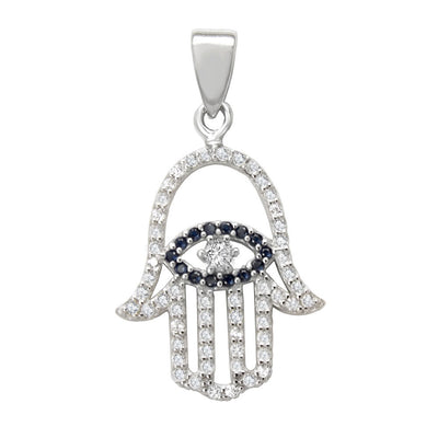 Sterling Silver Evil Eye Hamsa Hand Clear and Black CZ Pendant