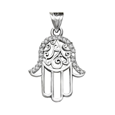 Sterling Silver Hamsa Hand CZ Rhodium Pendant Width-18.8mm, Height-1 2/8inch