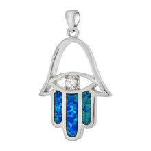 Load image into Gallery viewer, Sterling Silver Simulated Blue Opal Hamsa CZ Evil Eye Pendant