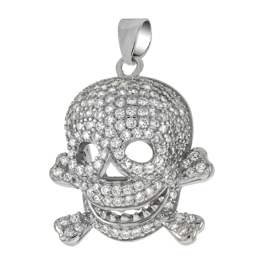 Sterling Silver Pave CZ Skull and Crossbones Pendant