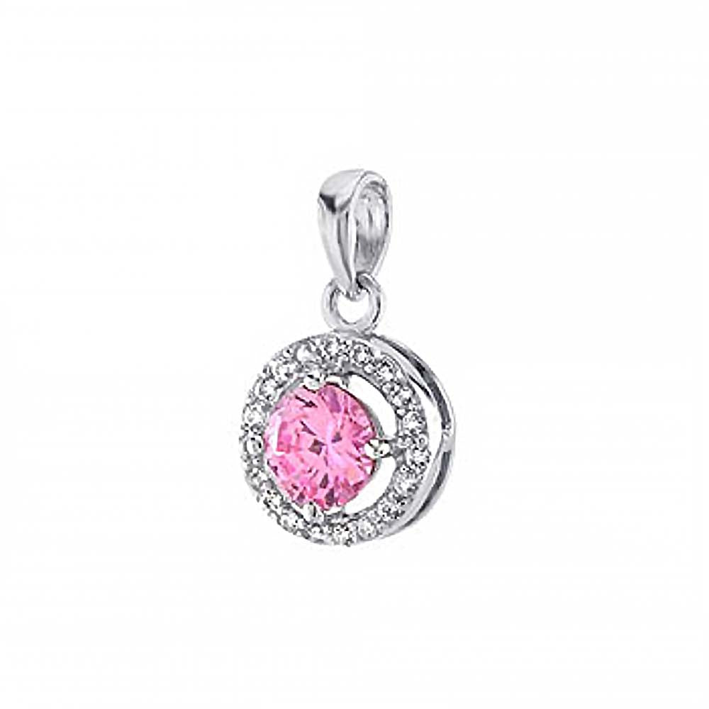 Sterling Silver Halo Round Pink CZ Pendant