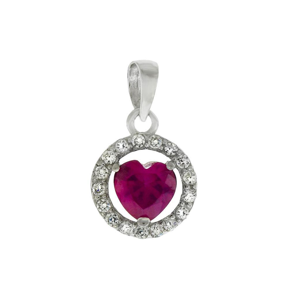 Sterling Silver Halo Red CZ Heart Pendant - silverdepot
