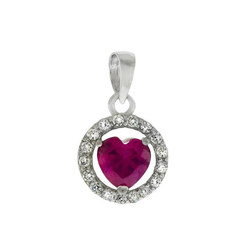 Sterling Silver Halo Red CZ Heart Pendant