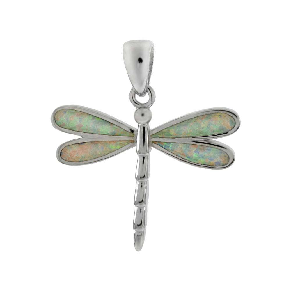 Sterling Silver Simulated White Opal Dragonfly Pendant