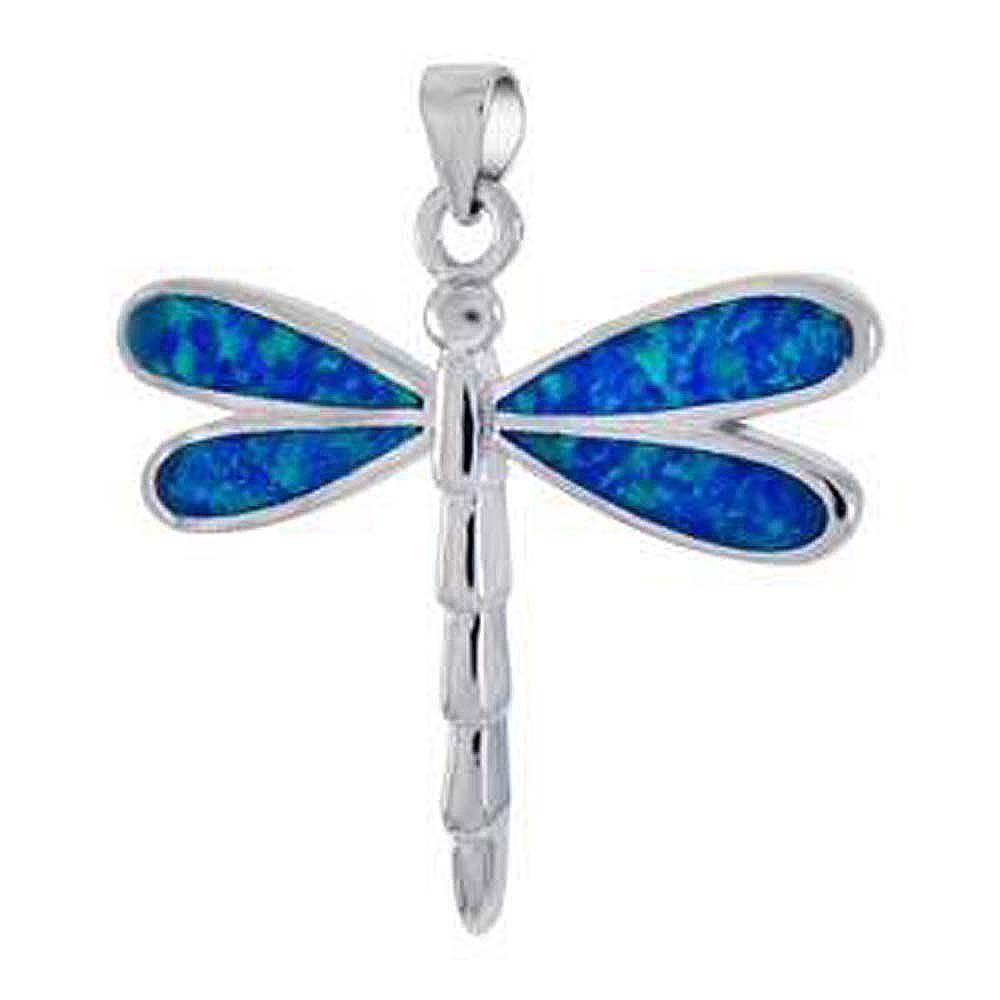 Sterling Silver Simulated Blue Opal Dragonfly Pendant