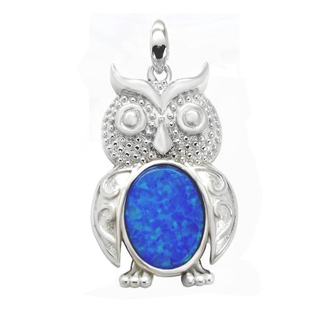 Sterling Silver Simulated Blue Opal OWL Pendant