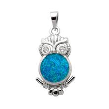 Load image into Gallery viewer, Sterling Silver Simulated Blue Opal Owl Pendant