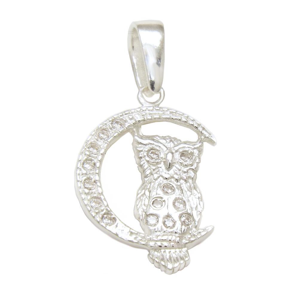 Sterling Silver Owl on The Crescent Moon Cubic Zirconia Pendant