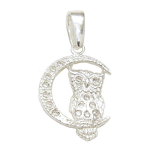 Load image into Gallery viewer, Sterling Silver Owl on The Crescent Moon Cubic Zirconia Pendant