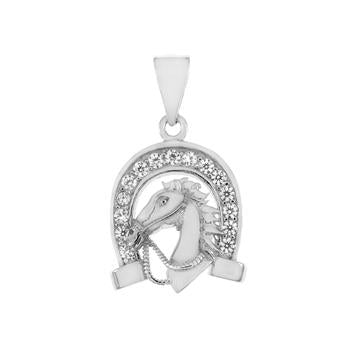 Sterling Silver CZ Horseshoe With Horse Head Pendant